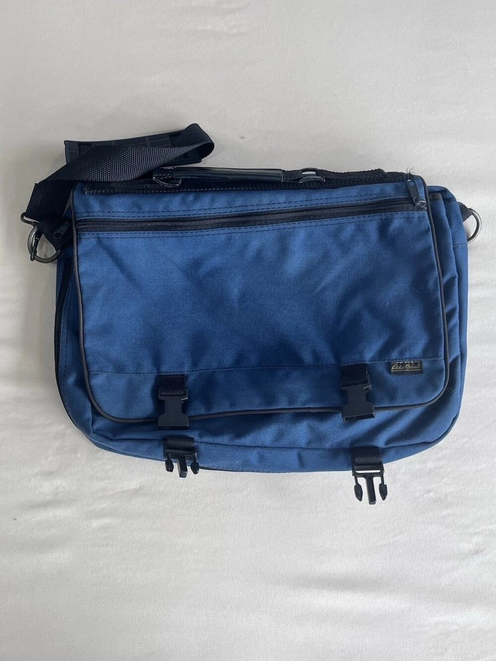 Eddie Bauer Solid Blue/Black Shoulder Messenger Laptop Bag w/ Strap, Front Zip